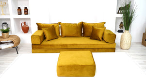 8" Thick Gold Velvet Floor Seating, Sectional Sofa with Ottoman Couch and Rug, Velvet Floor Sofa, Toddler Floor Bed, Patio Sofa, Modular Cushion, Ethnic Floor Cushion - Arabic Sofa