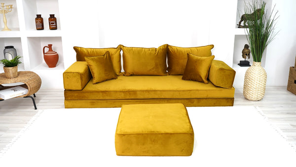 8" Thick Gold Velvet Floor Seating, Sectional Sofa with Ottoman Couch and Rug, Velvet Floor Sofa, Toddler Floor Bed, Patio Sofa, Modular Cushion, Ethnic Floor Cushion - Arabic Sofa