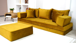 8" Thick Gold Velvet Floor Seating, Sectional Sofa with Ottoman Couch and Rug, Velvet Floor Sofa, Toddler Floor Bed, Patio Sofa, Modular Cushion, Ethnic Floor Cushion - Arabic Sofa