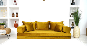 8" Thick Gold Velvet Floor Seating, Sectional Sofa with Ottoman Couch and Rug, Velvet Floor Sofa, Toddler Floor Bed, Patio Sofa, Modular Cushion, Ethnic Floor Cushion - Arabic Sofa