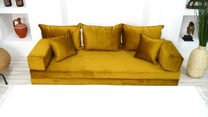 8" Thick Gold Velvet Floor Seating, Sectional Sofa with Ottoman Couch and Rug, Velvet Floor Sofa, Toddler Floor Bed, Patio Sofa, Modular Cushion, Ethnic Floor Cushion - Arabic Sofa