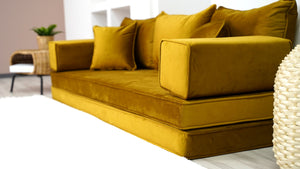 8" Thick Gold Velvet Floor Seating, Sectional Sofa with Ottoman Couch and Rug, Velvet Floor Sofa, Toddler Floor Bed, Patio Sofa, Modular Cushion, Ethnic Floor Cushion - Arabic Sofa