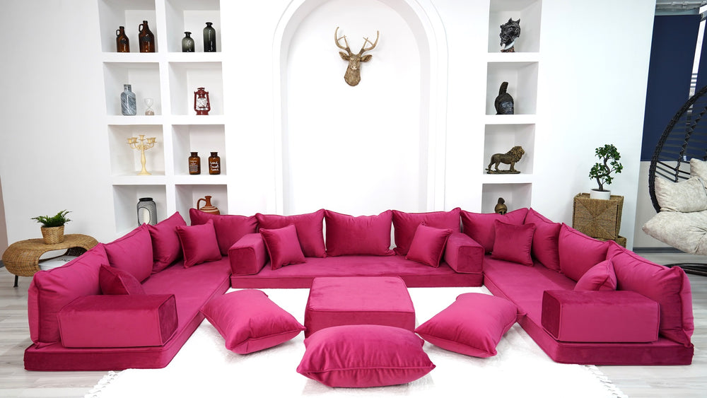 Velvet Pink Color U Shaped Floor Seating, Arabic Floor Sofa,Velvet Floor Couch, Sectional Sofa, Moroccan Livingroom Furniture - Arabic Sofa