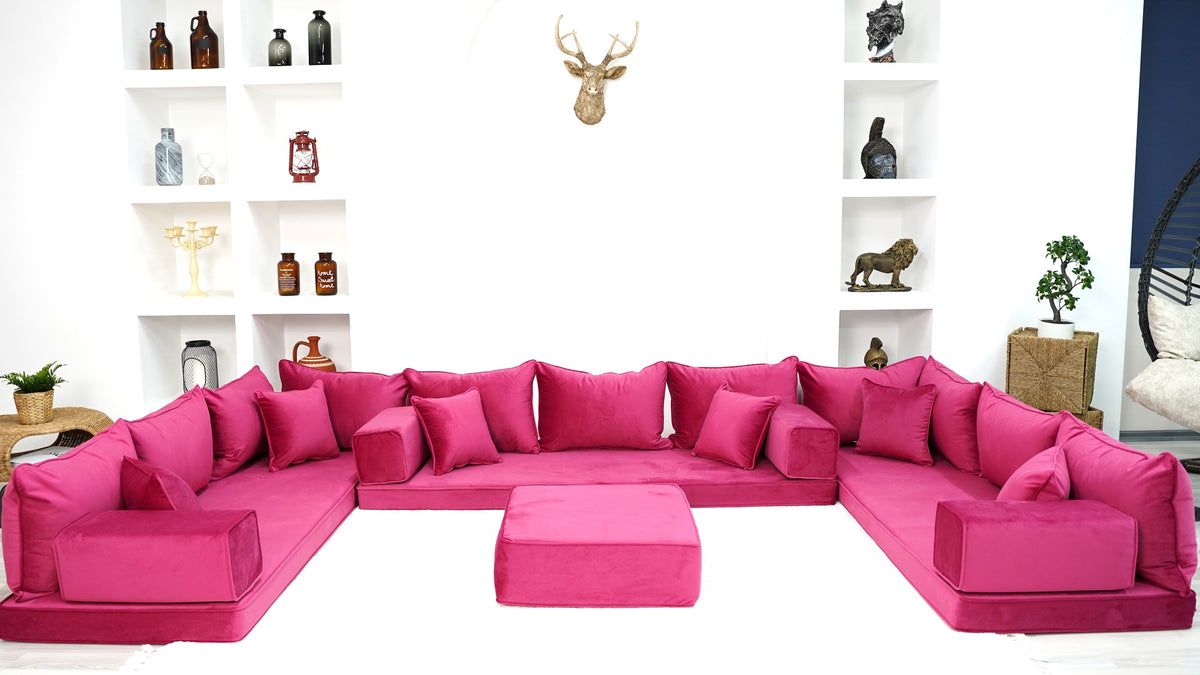 Pink Serene Dune: Velvet Sofa Sets – U Shaped Sofa Set – 4 Inch Thick Modular Sofa – Reading Nook Seating – Floor Seating