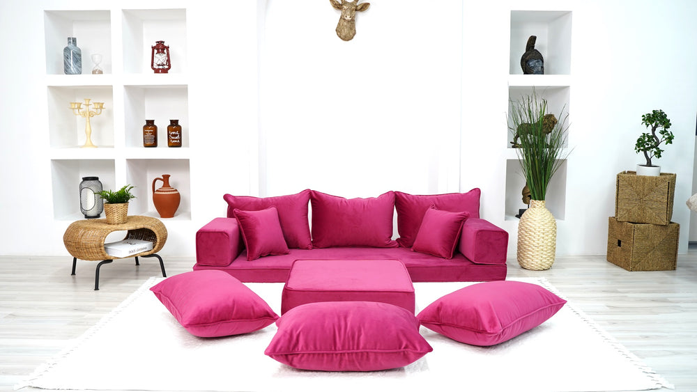 Velvet Floor Seating, Pink Color Floor Sofa with Ottoman Couch and Rug, Velvet Floor Couch, Floor Cushions, Sectional Sofa, French Cushions, Futon Cushion - Arabic Sofa