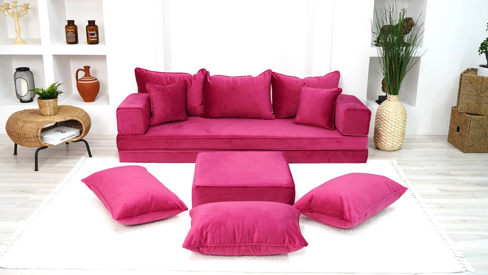 8'' Thickness Velvet Floor Seating, Pink Color Floor Sofa, Velvet Floor Couch, Floor Cushions, Sectional Sofa with Ottoman Couch and Rug, French Cushions, Futon Cushion - Arabic Sofa