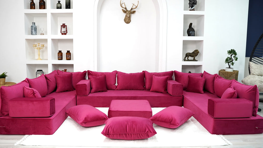 Pink U Shaped Floor Seating Sofas, Pallet Sofa, Terrace Sofa, Sofa Slipcovers, Luxury Velvet Floor Sofas, Moroccan Home Decor - Arabic Sofa