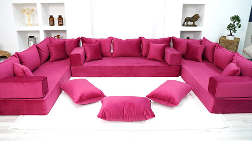 Pink U Shaped Floor Seating Sofas, Pallet Sofa, Terrace Sofa, Sofa Slipcovers, Luxury Velvet Floor Sofas, Moroccan Home Decor - Arabic Sofa