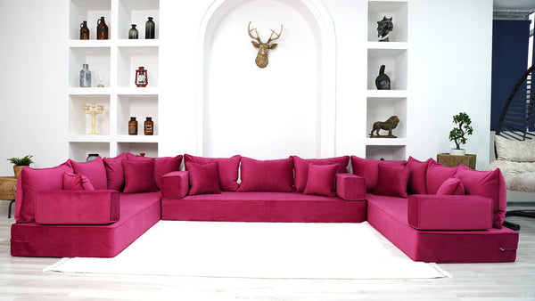 Pink U Shaped Floor Seating Sofas, Pallet Sofa, Terrace Sofa, Sofa Slipcovers, Luxury Velvet Floor Sofas, Moroccan Home Decor - Arabic Sofa