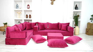Pink L Shaped Floor Seating, Modern Livingroom Floor Couch, Velvet Sofa Cover, Sofa Bed, Corner Velvet Arabic Seating - Arabic Sofa