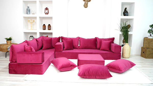 Pink L Shaped Floor Seating, Modern Livingroom Floor Couch, Velvet Sofa Cover, Sofa Bed, Corner Velvet Arabic Seating - Arabic Sofa