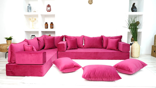 Pink L Shaped Floor Seating, Modern Livingroom Floor Couch, Velvet Sofa Cover, Sofa Bed, Corner Velvet Arabic Seating - Arabic Sofa