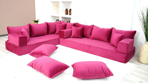 Pink L Shaped Floor Seating, Modern Livingroom Floor Couch, Velvet Sofa Cover, Sofa Bed, Corner Velvet Arabic Seating - Arabic Sofa