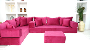 Pink L Shaped Floor Seating, Modern Livingroom Floor Couch, Velvet Sofa Cover, Sofa Bed, Corner Velvet Arabic Seating - Arabic Sofa