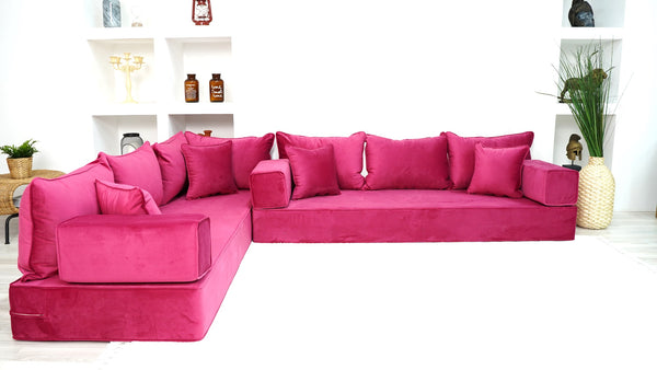 Pink L Shaped Floor Seating, Modern Livingroom Floor Couch, Velvet Sofa Cover, Sofa Bed, Corner Velvet Arabic Seating - Arabic Sofa
