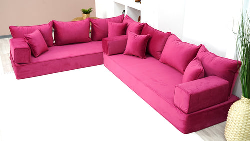 Pink L Shaped Floor Seating, Modern Livingroom Floor Couch, Velvet Sofa Cover, Sofa Bed, Corner Velvet Arabic Seating - Arabic Sofa