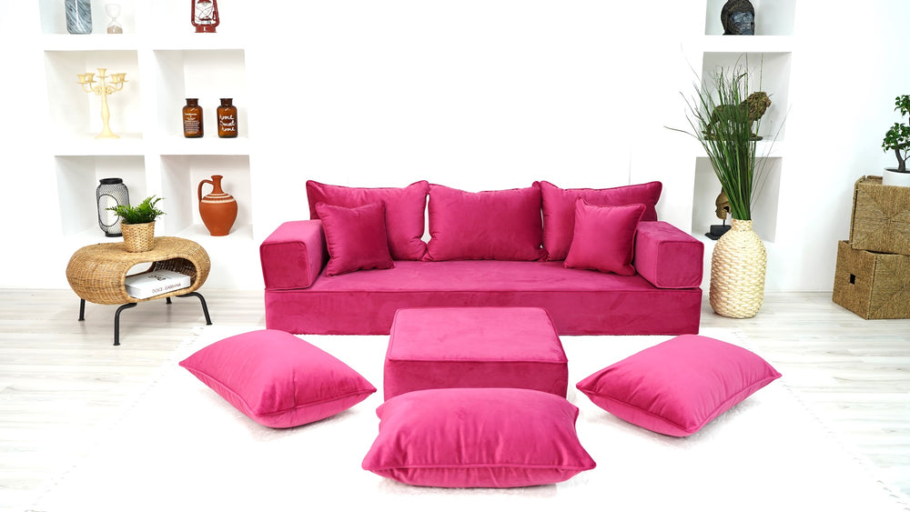 Velvet Floor Seating, Pink Color Floor Sofa, Velvet Floor Couch, Floor Cushions, Sectional Sofa with Ottoman Couch and Rug, French Cushions, Futon Cushion - Arabic Sofa