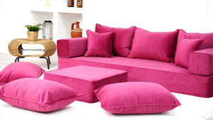Velvet Floor Seating, Pink Color Floor Sofa, Velvet Floor Couch, Floor Cushions, Sectional Sofa with Ottoman Couch and Rug, French Cushions, Futon Cushion - Arabic Sofa