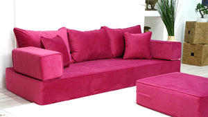 Velvet Floor Seating, Pink Color Floor Sofa, Velvet Floor Couch, Floor Cushions, Sectional Sofa with Ottoman Couch and Rug, French Cushions, Futon Cushion - Arabic Sofa