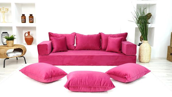 Velvet Floor Seating, Pink Color Floor Sofa, Velvet Floor Couch, Floor Cushions, Sectional Sofa with Ottoman Couch and Rug, French Cushions, Futon Cushion - Arabic Sofa