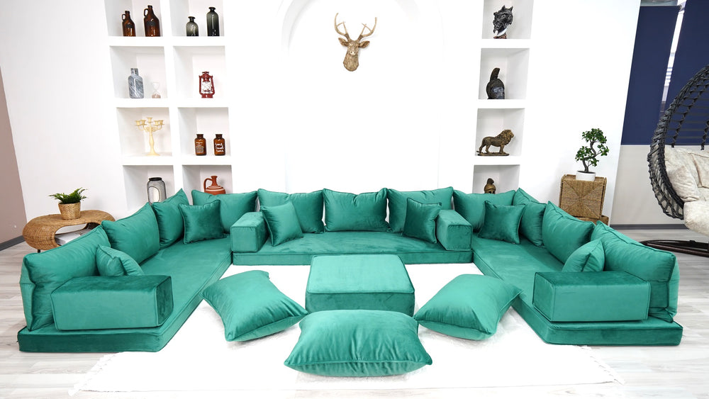 Emerald Green Color U Shaped Floor Seating, Velvet Floor Couch, Moroccan Home Decor Furniture,Sectional Sofa - Arabic Sofa