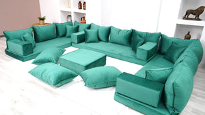 Emerald Green Color U Shaped Floor Seating, Velvet Floor Couch, Moroccan Home Decor Furniture,Sectional Sofa - Arabic Sofa