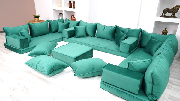 Emerald Green Color U Shaped Floor Seating, Velvet Floor Couch, Moroccan Home Decor Furniture,Sectional Sofa - Arabic Sofa