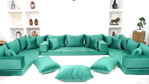 Emerald Green Color U Shaped Floor Seating, Velvet Floor Couch, Moroccan Home Decor Furniture,Sectional Sofa - Arabic Sofa