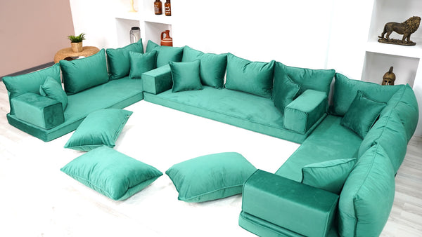 Emerald Green Color U Shaped Floor Seating, Velvet Floor Couch, Moroccan Home Decor Furniture,Sectional Sofa - Arabic Sofa