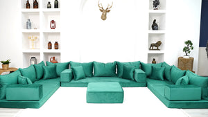 Emerald Green Color U Shaped Floor Seating, Velvet Floor Couch, Moroccan Home Decor Furniture,Sectional Sofa - Arabic Sofa