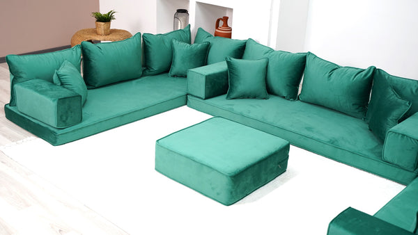 Emerald Green Color U Shaped Floor Seating, Velvet Floor Couch, Moroccan Home Decor Furniture,Sectional Sofa - Arabic Sofa