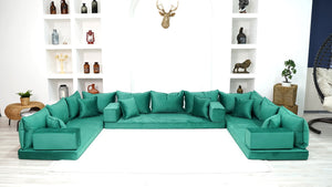Emerald Green Color U Shaped Floor Seating, Velvet Floor Couch, Moroccan Home Decor Furniture,Sectional Sofa - Arabic Sofa