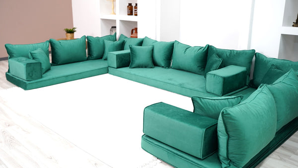Emerald Green Color U Shaped Floor Seating, Velvet Floor Couch, Moroccan Home Decor Furniture,Sectional Sofa - Arabic Sofa