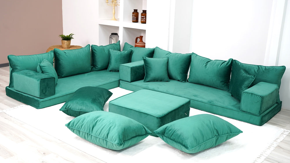 Emerald Green Velvet Fabric Cushions, Velvet Floor Couch, Velvet Sectional Sofa, Sofa Cover, Modular Sofa, Pallet Sofa - Arabic Sofa