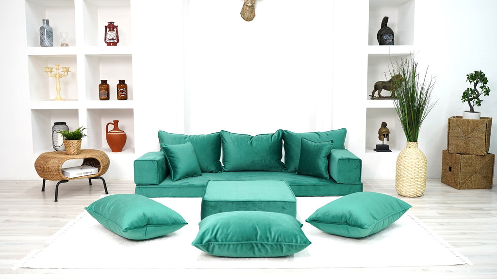 Velvet Emerald Green Floor Seating with Ottoman Couch and Rug, Sectional Sofa, Velvet Floor Sofa, Meditation Sofa, Custom Cushion, Customizable Cushion, Floor Couches - Arabic Sofa