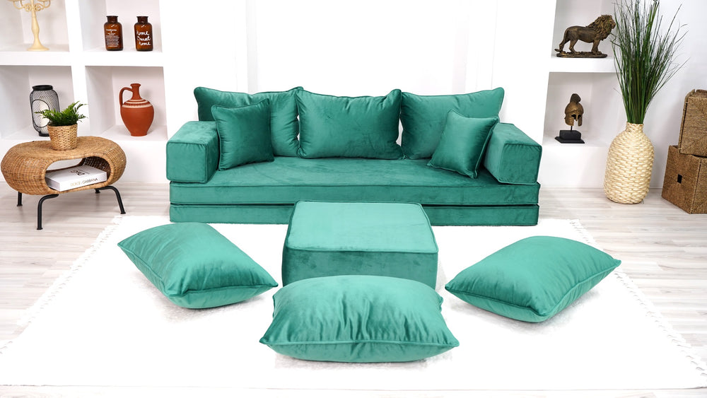 8" Thick Velvet Green Floor Seating, Sectional Sofa with Ottoman Couch and Rug, Velvet Floor Sofa, Meditation Sofa, Custom Cushion, Customizable Cushion, Floor Couches - Arabic Sofa