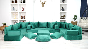 8" Thickness Emerald Green U Shaped Velvet Floor Seating, Moroccan Livingroom Sofas - Arabic Sofa