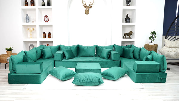 8" Thickness Emerald Green U Shaped Velvet Floor Seating, Moroccan Livingroom Sofas - Arabic Sofa
