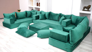 8" Thickness Emerald Green U Shaped Velvet Floor Seating, Moroccan Livingroom Sofas - Arabic Sofa