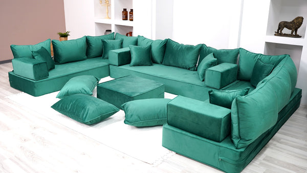 8" Thickness Emerald Green U Shaped Velvet Floor Seating, Moroccan Livingroom Sofas - Arabic Sofa
