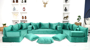 8" Thickness Emerald Green U Shaped Velvet Floor Seating, Moroccan Livingroom Sofas - Arabic Sofa