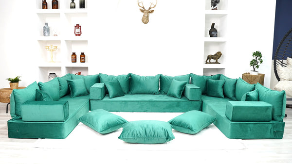 8" Thickness Emerald Green U Shaped Velvet Floor Seating, Moroccan Livingroom Sofas - Arabic Sofa
