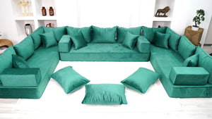 8" Thickness Emerald Green U Shaped Velvet Floor Seating, Moroccan Livingroom Sofas - Arabic Sofa