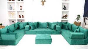 8" Thickness Emerald Green U Shaped Velvet Floor Seating, Moroccan Livingroom Sofas - Arabic Sofa