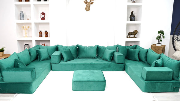 8" Thickness Emerald Green U Shaped Velvet Floor Seating, Moroccan Livingroom Sofas - Arabic Sofa