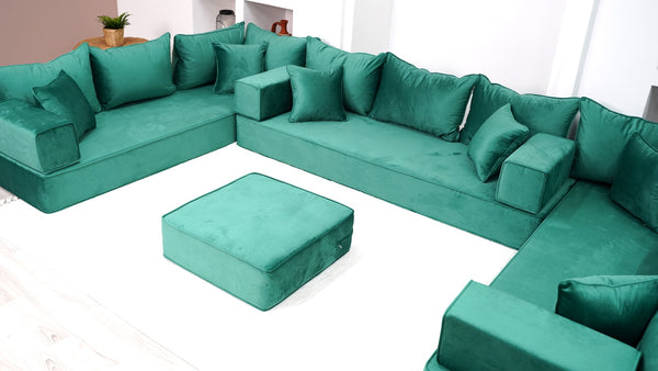 8" Thickness Emerald Green U Shaped Velvet Floor Seating, Moroccan Livingroom Sofas - Arabic Sofa
