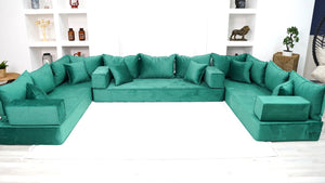 8" Thickness Emerald Green U Shaped Velvet Floor Seating, Moroccan Livingroom Sofas - Arabic Sofa