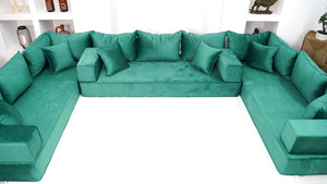 8" Thickness Emerald Green U Shaped Velvet Floor Seating, Moroccan Livingroom Sofas - Arabic Sofa
