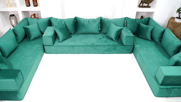 8" Thickness Emerald Green U Shaped Velvet Floor Seating, Moroccan Livingroom Sofas - Arabic Sofa