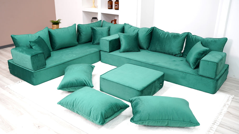 Floor Seating Couch, Moroccan Livingroom Sofas, Arabic Seating Couch, Emerald Green Luxury Velvet Floor Seating - Arabic Sofa